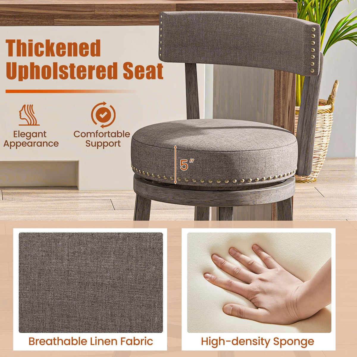 Goflame 31" Bar Stools Set, Swivel Bar Height Bar Chairs with Footrest, Rubber Wood Frame