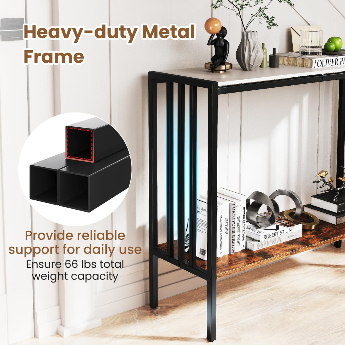 Goflame 2 Tier Industrial Entryway Table with Sintered Stone Tabletop and Open Shelf