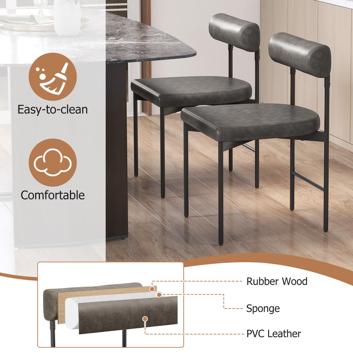 Goflame Dining Chairs, Faux Leather Upholstered Kitchen Side Chair with Padded Backrest and Cushion, Metal Legs