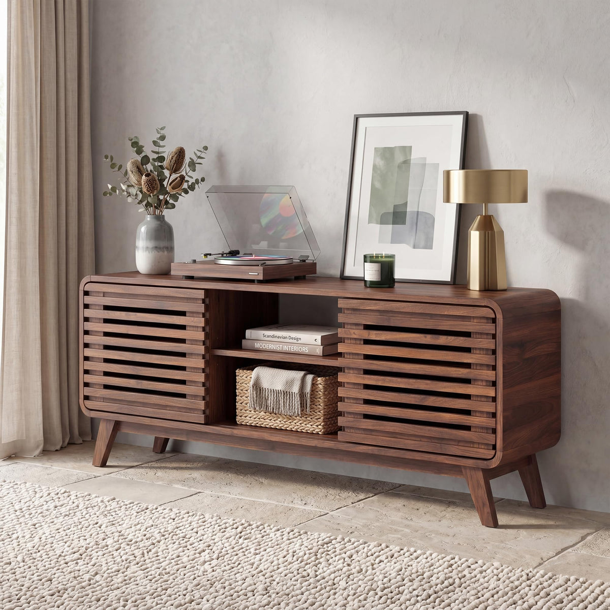 Goflame 58" Mid Century Modern TV Stand for 65 inch TV with Grille Doors