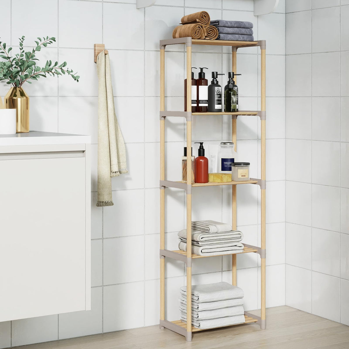 Goflame 5-Tier Bookshelf | Pine Wood Bookcase with Freestanding Storage Organizer