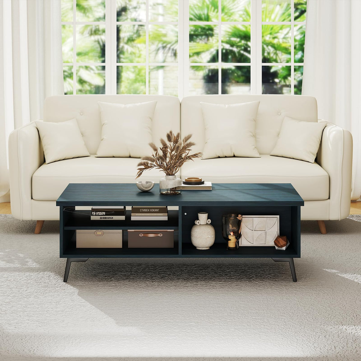 Goflame 2-Tier Mid Century Modern Coffee Table with Storage Shelves Compartments