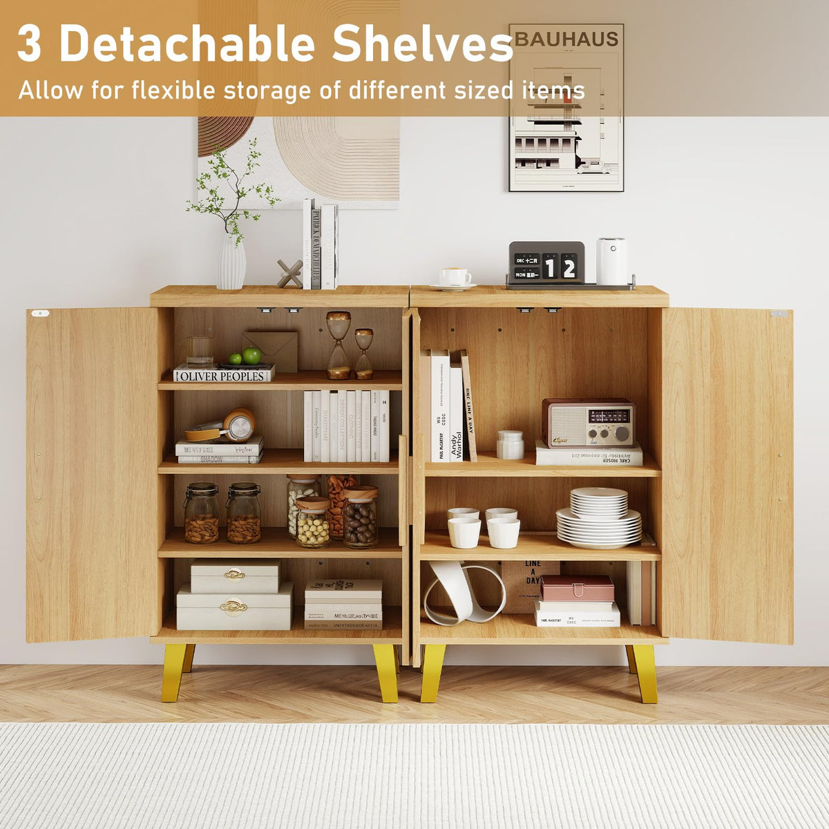 Goflame Sideboard Buffet Cabinet, Kitchen Storage Cabinet with Double Doors & Removable Shelves (Natural Oak,1)