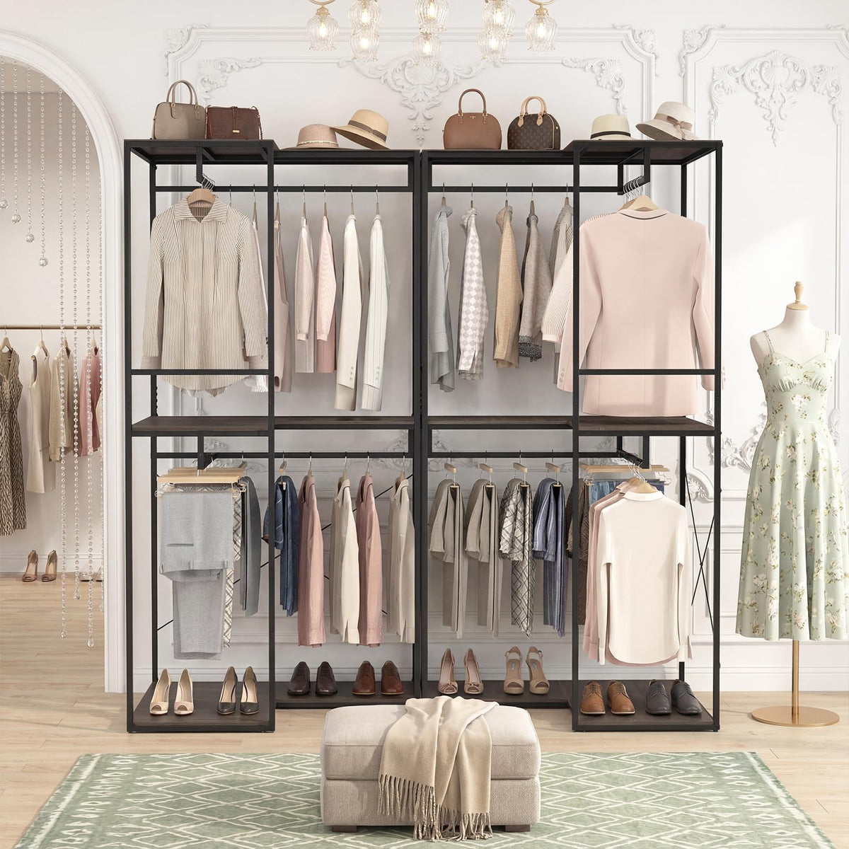 Goflame Heavy Duty Clothes Rack | 3-Tier L-Shaped Garment Rack w/3 Open Shelves & 2 Hanging Racks
