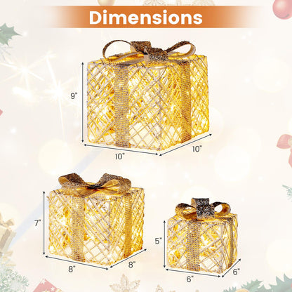 Goflame Set of 3 Christmas Lighted Gift Boxes, 90 LED Light up Present Boxes with Bows