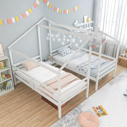Goflame Double Twin Bed Frames for Kids, Wood House Shaped Platform with Built-in Nightstand & USB Port