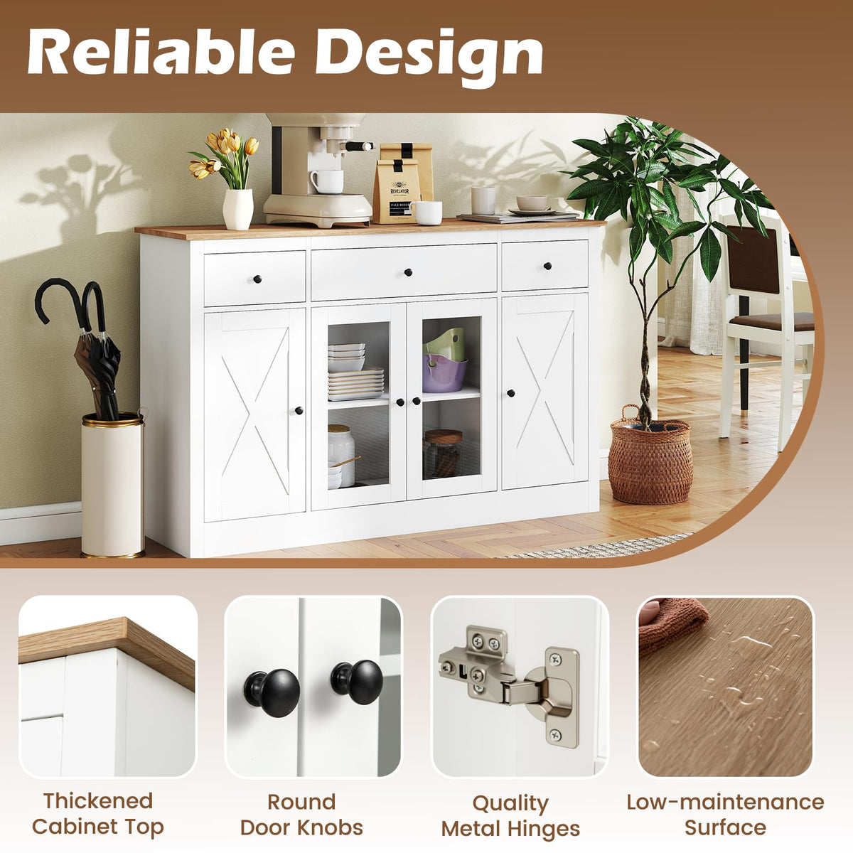 Goflame 55" Large Buffet Sideboard with 3 Drawers & 2 See-Through Doors