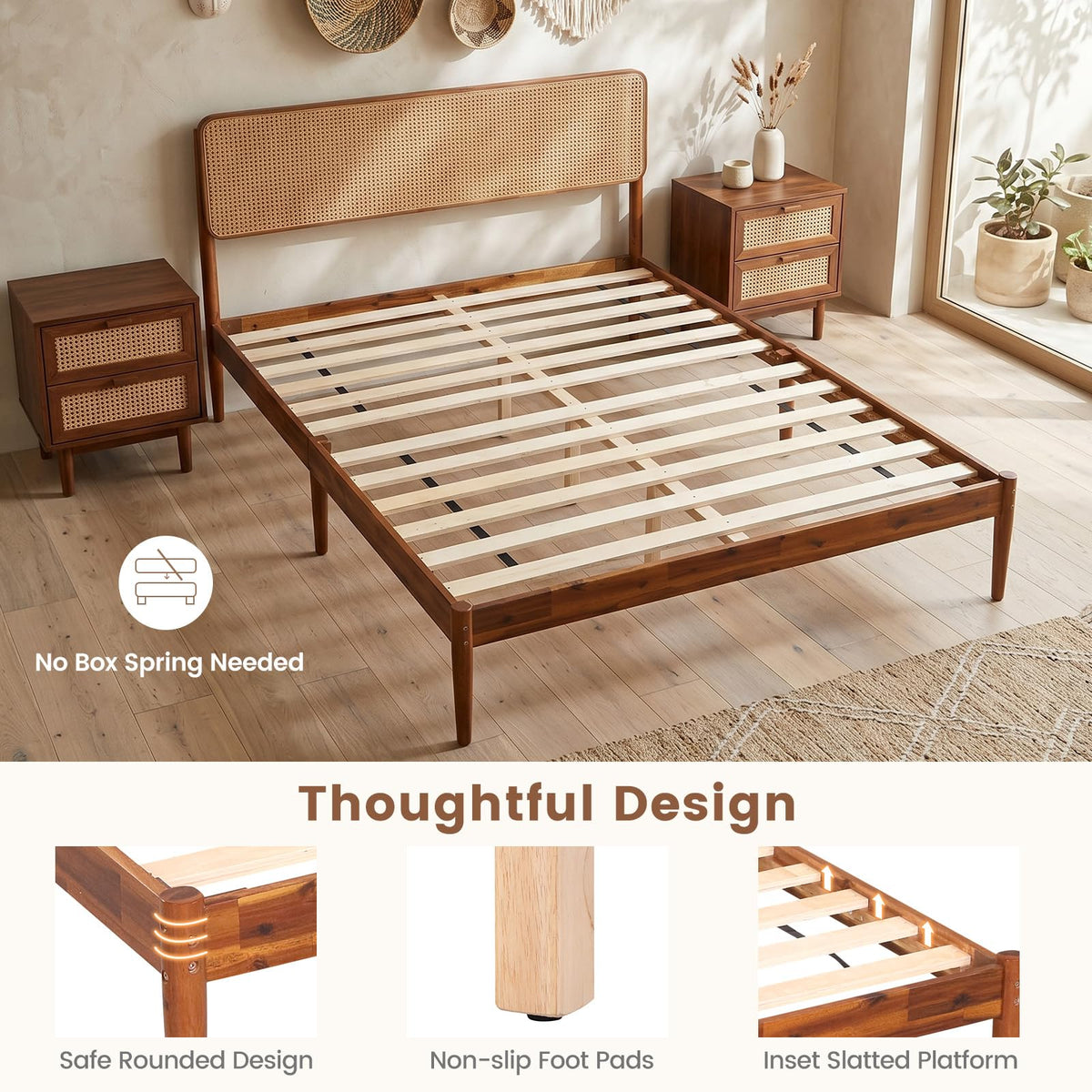 Goflame Wooden Bed Frame Full/Twin/Queen Size with Rattan Headboard