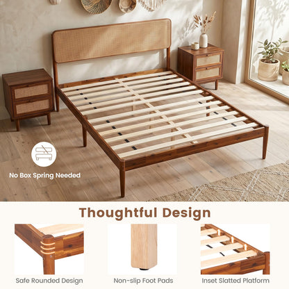 Goflame Wooden Bed Frame Full/Twin/Queen Size with Rattan Headboard