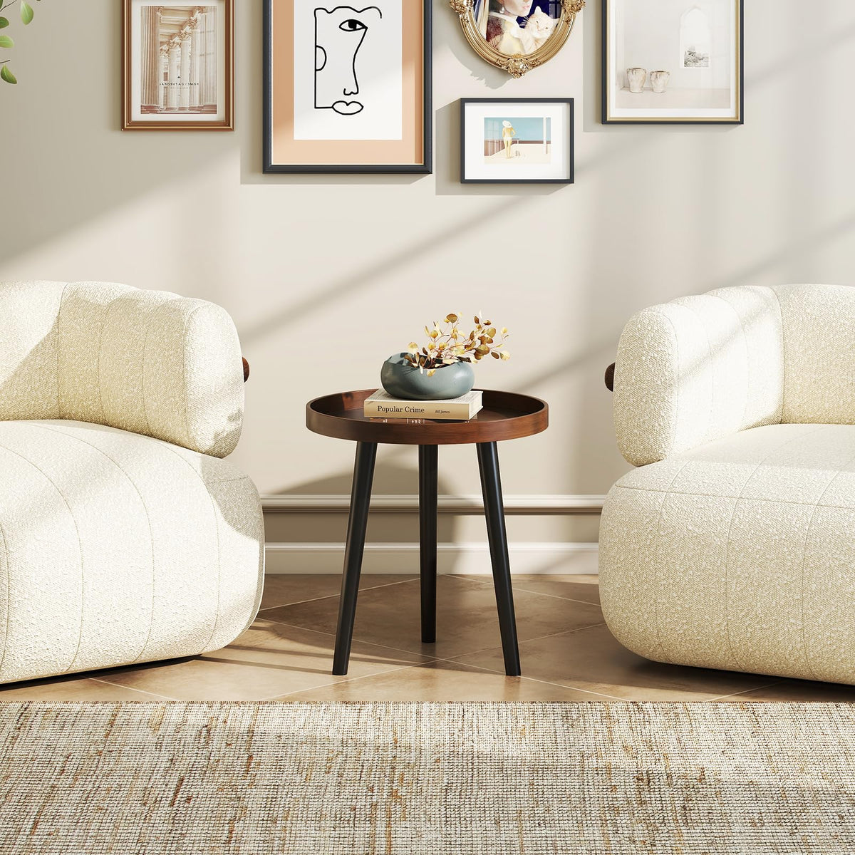 Goflame Mid Century Modern Side Table with Wooden Tray and Bamboo Legs