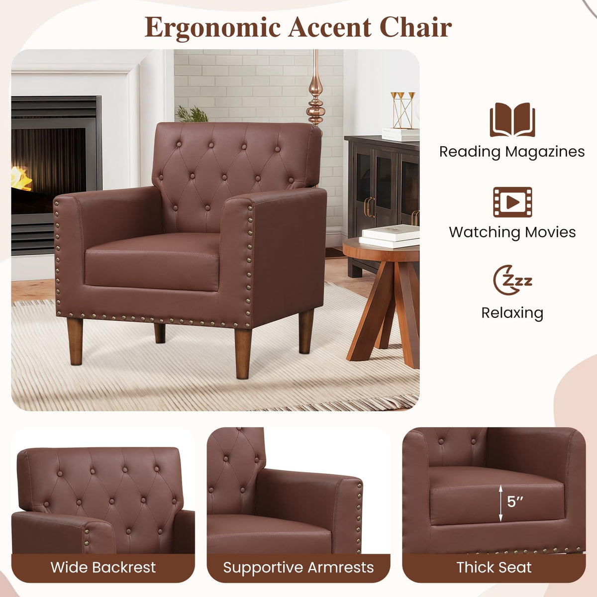 Goflame Mid Century Modern Accent Chair with Button Tufted Decoration and Rivets