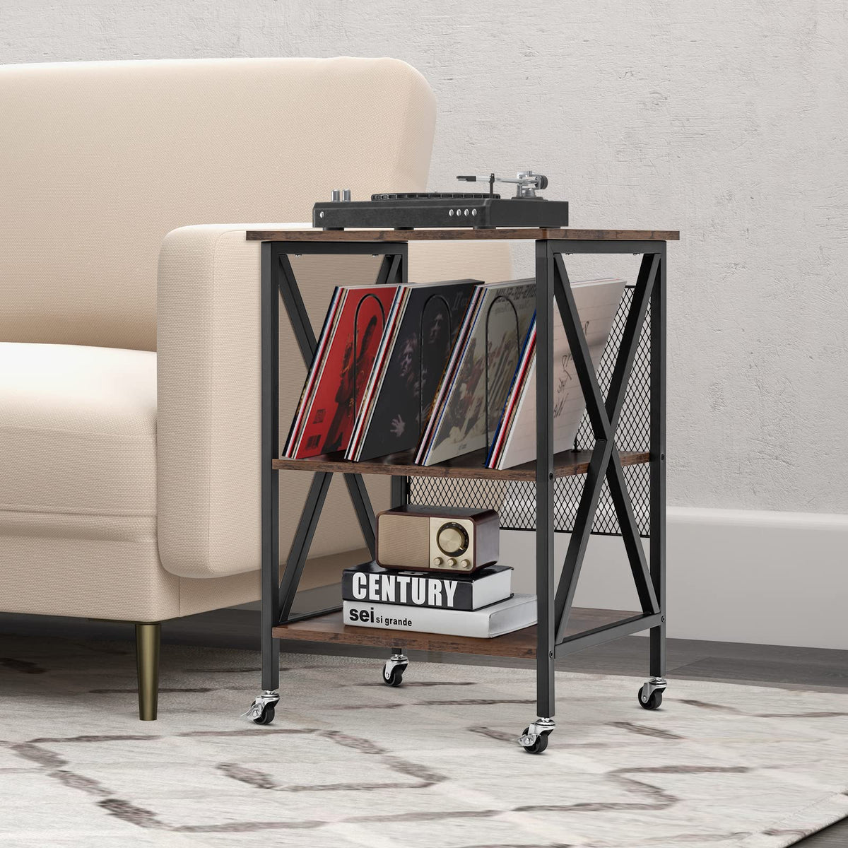 Goflame Record Player Stand, Vinyl Record Storage Table w/ 3 M-shaped Dividers & 4 Rolling Wheels, Rustic Brown