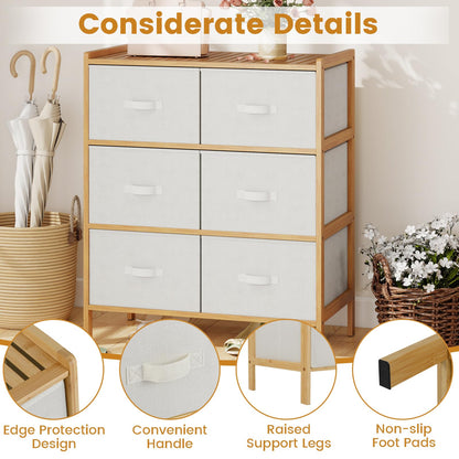 Goflame White Dresser for Bedroom Bamboo 6 Fabric Drawers Storage Tower with Top Shelf