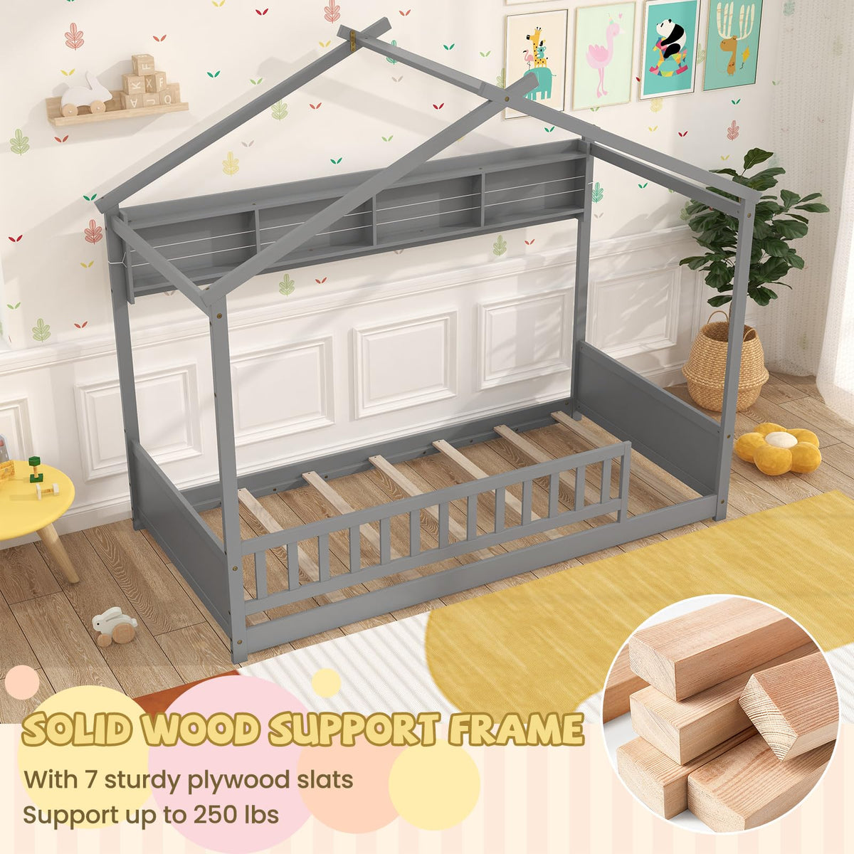 Goflame Twin Floor House Bed with Storage Shelf, Wood Twin Bed Frames with Headboard & Guardrail
