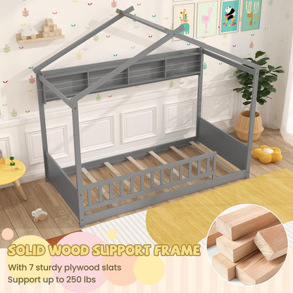Goflame Twin Floor House Bed with Storage Shelf, Wood Twin Bed Frames with Headboard & Guardrail