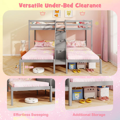 Goflame Twin Over Twin & Twin Bunk Bed Triple Bunk Beds with 4-Step Storage Stair