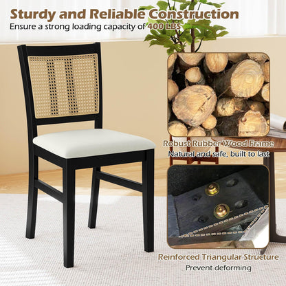 Goflame Rattan Dining Chairs Set of 2/4 Farmhouse Fabric Upholstered Kitchen Chairs with Rubber Wood Legs
