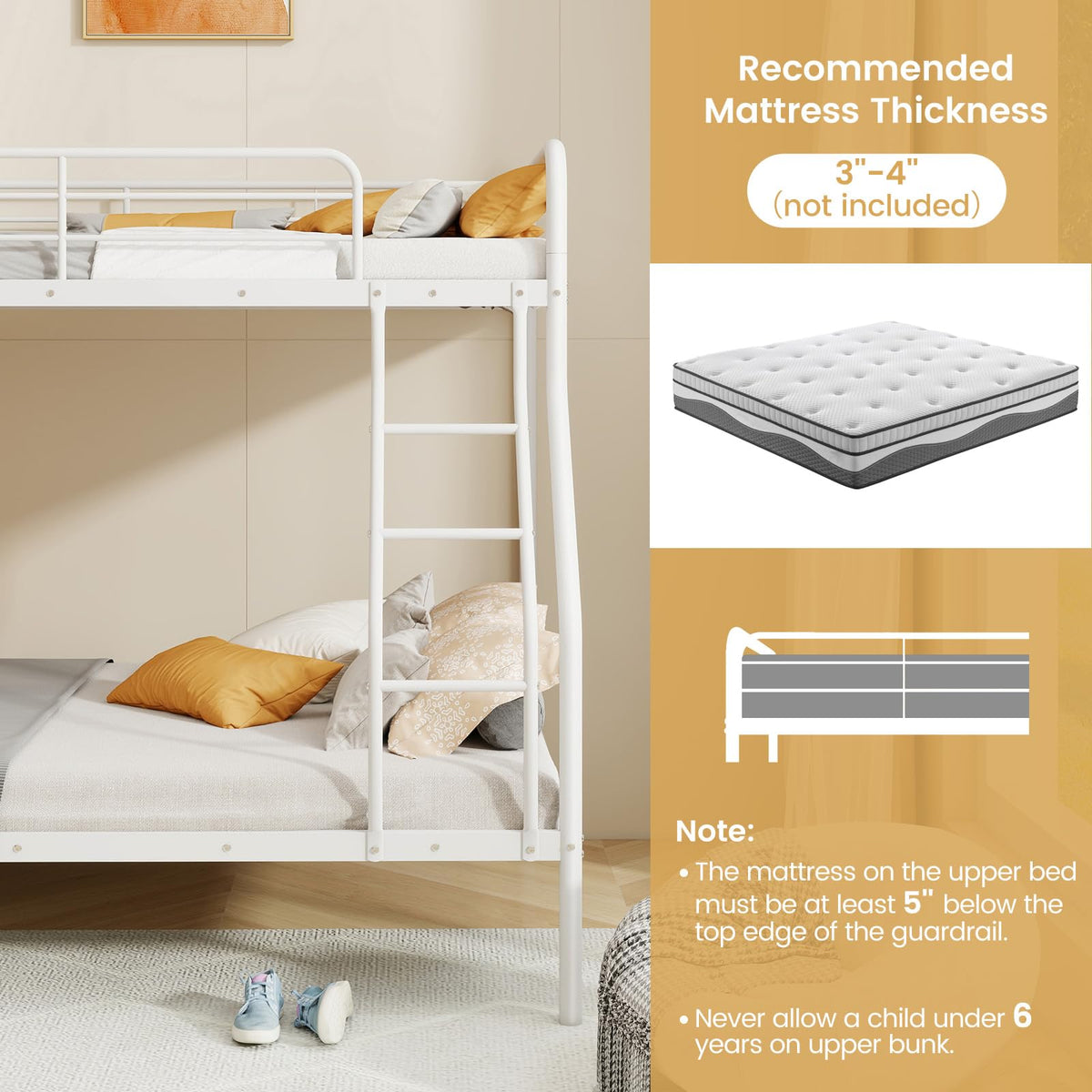 Goflame Metal Bunk Beds Twin Over Full Size, Heavy Duty Bunk Bed for Teens Adults with Ladder & Guardrails