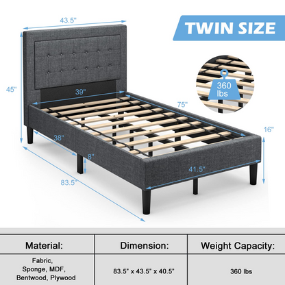 Modern Twin Size Platform Bed w/Button Tufted Headboard | Upholstered Bed Frame