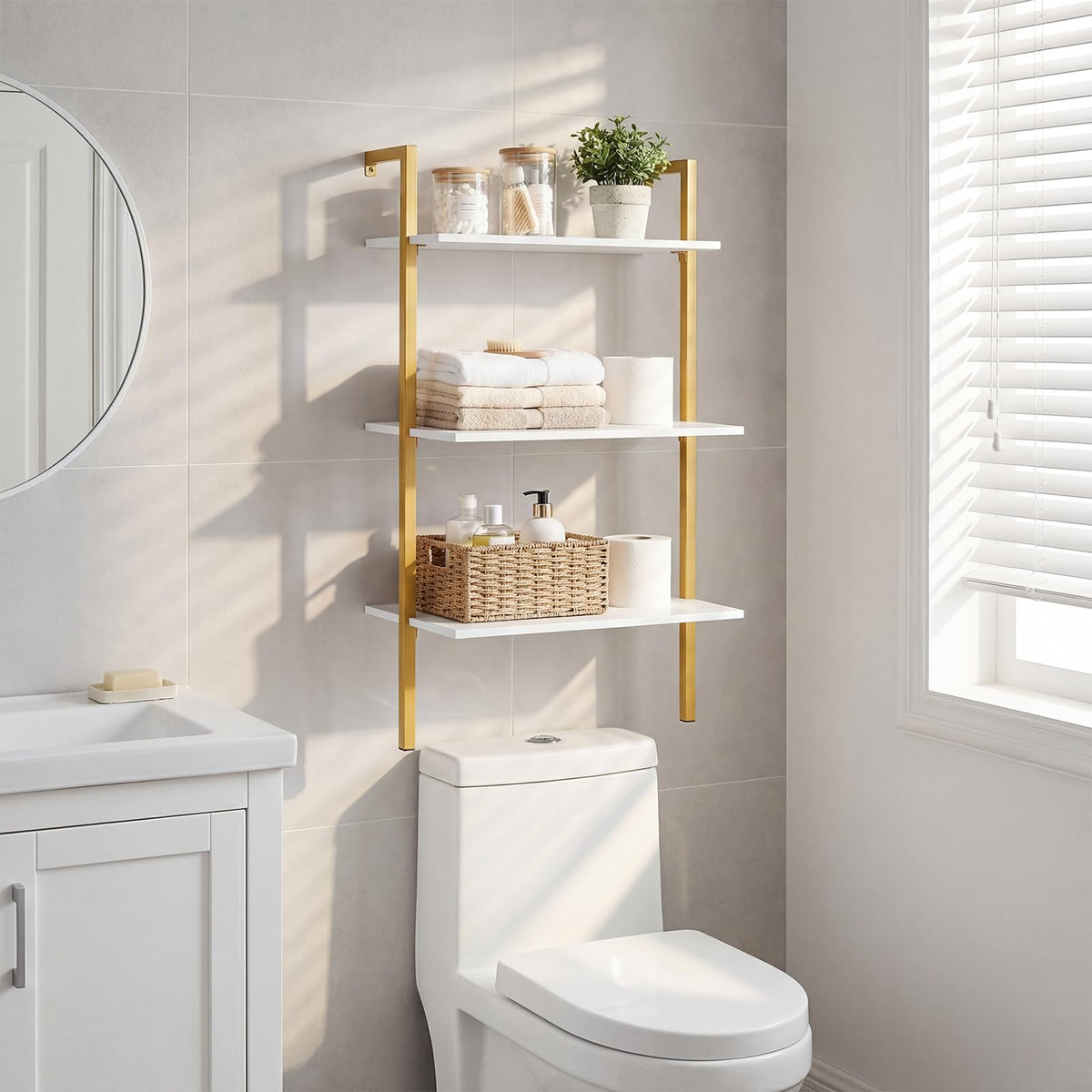 Goflame Ladder Shelf | 3-Tier Wood Wall Mounted Bookshelf with Metal Frame (1/2)