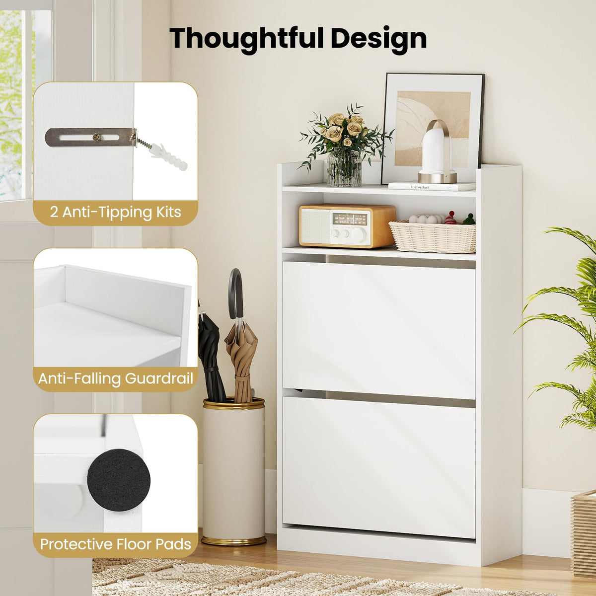 Goflame Shoe Cabinet with 2 Flip Drawers Freestanding Narrow Shoe Organizer Cabinet