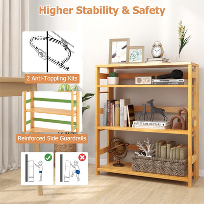 Goflame 4-Tier Bookshelf, 34.5" Floor Storage Shelf w/Rubber Wood Frame, Anti-Toppling Kits, Side Fences