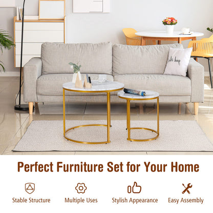 Goflame Nesting Coffee Table Set of 2, Round Stacking Side Tables with Wooden Tabletop & Powder Coated Steel Frame