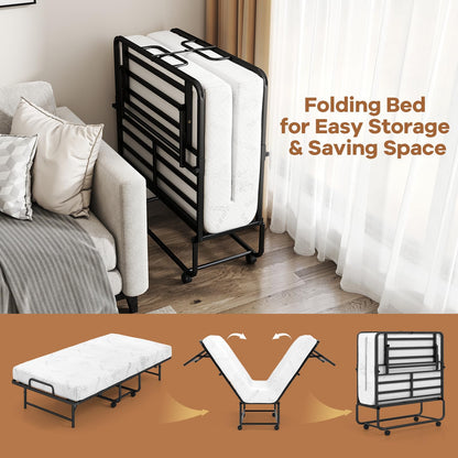 Goflame Twin Folding Bed Frame with 5 Inch Mattress, Portable Rollaway Guest Bed, 75" x 38"