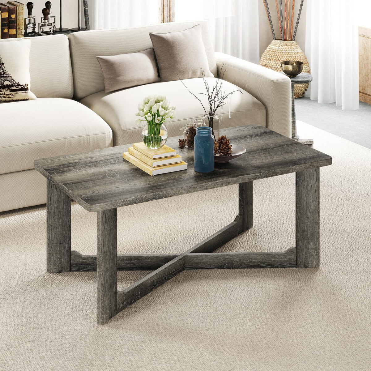 Goflame Farmhouse Wood Coffee Table Rectangle Center Table with X-Shaped Base & Rubber Wood Frame