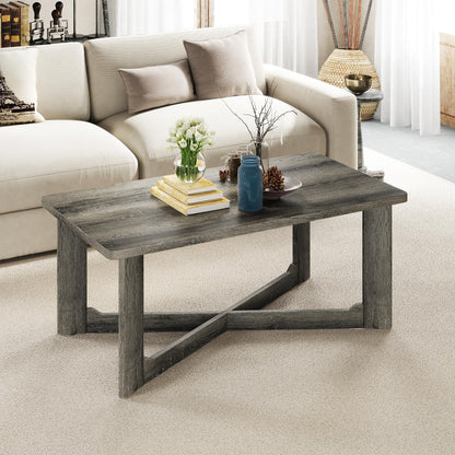 Goflame Farmhouse Wood Coffee Table Rectangle Center Table with X-Shaped Base & Rubber Wood Frame