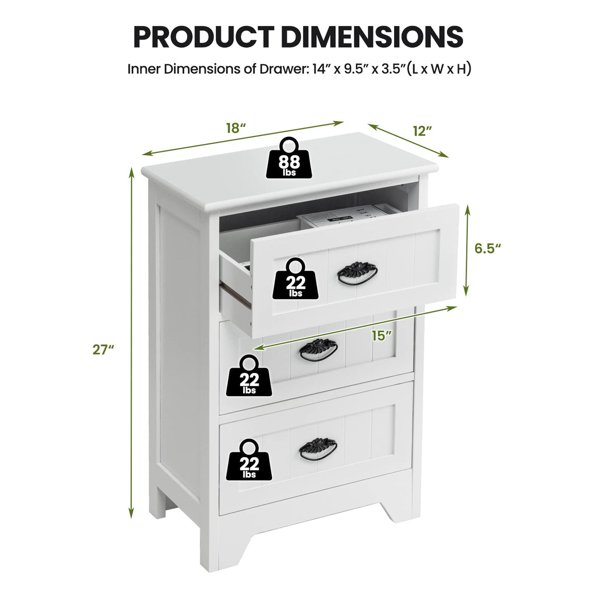 Goflame Nightstand with 3 Drawers, Bedside Table