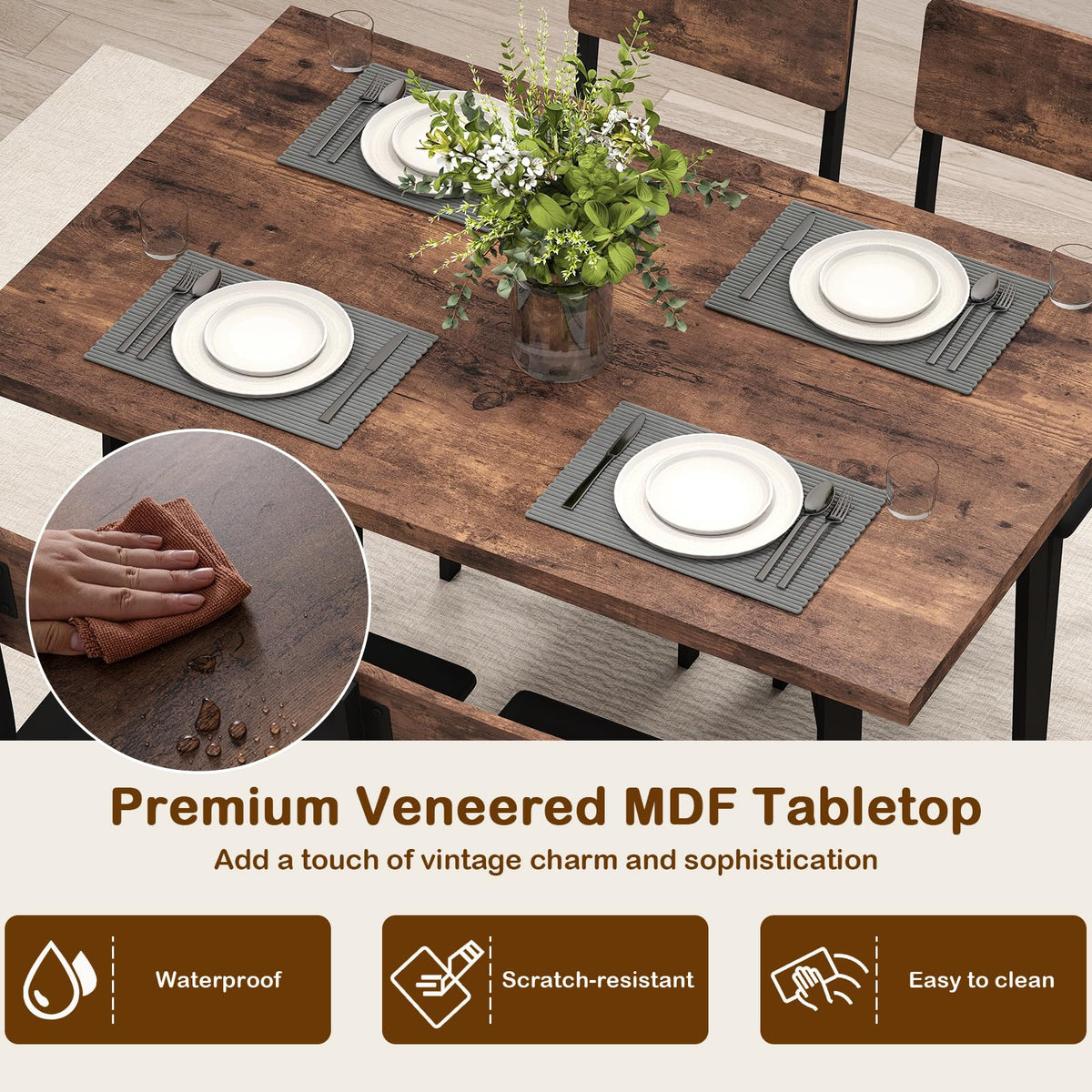 Goflame 5-Piece Dining Table Set for 4 People Industrial Kitchen Table and 4 PU Leather Chairs