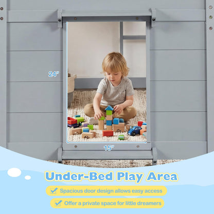 Goflame Wooden Low Kids Loft Bed with LED Lights and 2 Doors