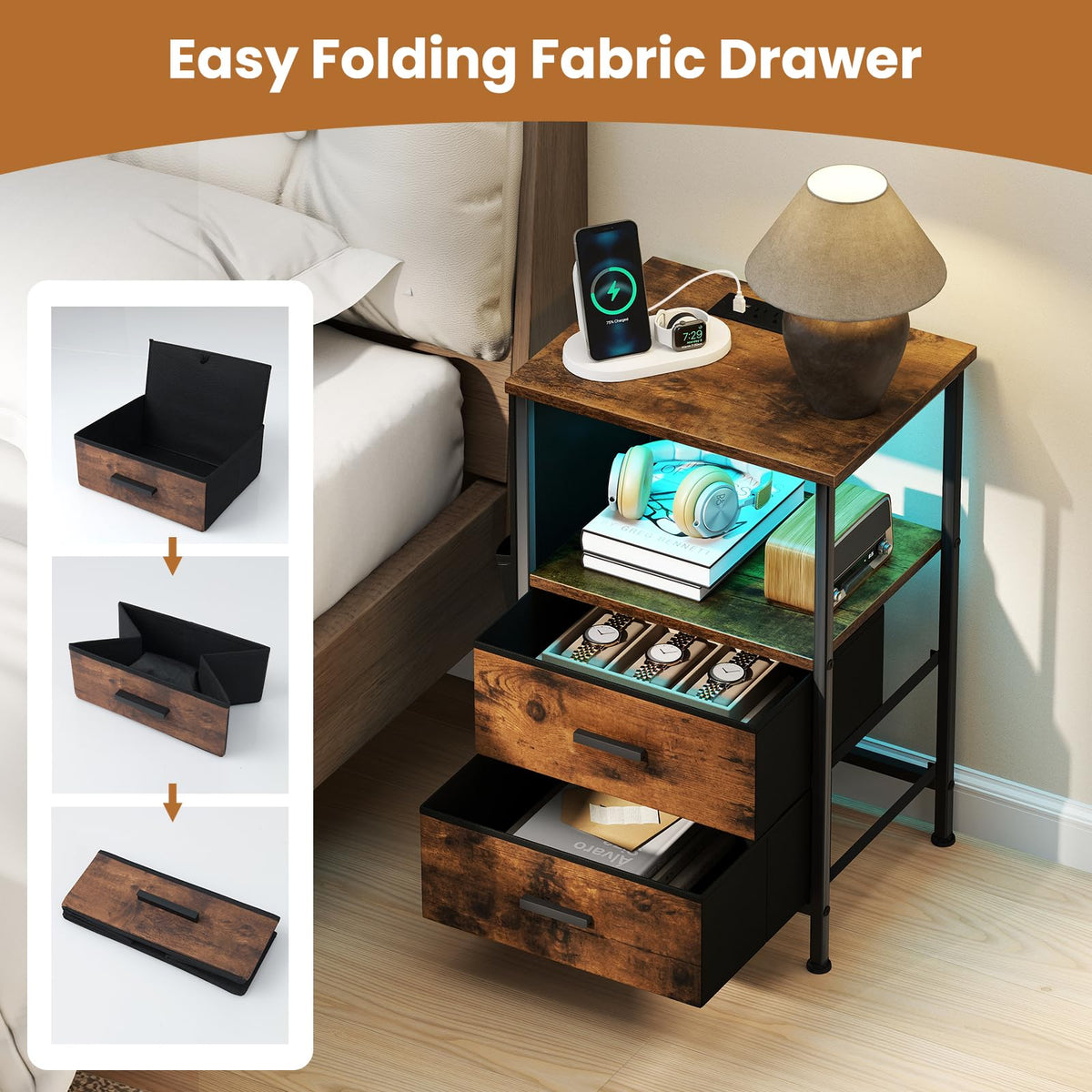 Goflame Night Stand with Charging Station | LED Sofa End Table w/2 Folding Fabric Drawers