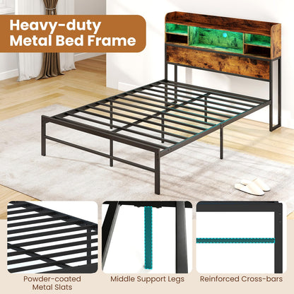 Goflame Full Size Industrial Metal Bed Frame with LED Lights & Charging Station