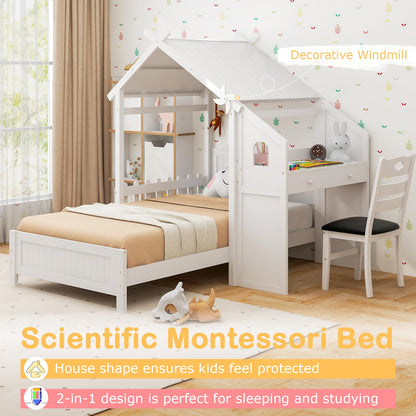Goflame Twin House Bed with Desk & Chair, Wood Kids Playhouse Bed with 2 Drawers