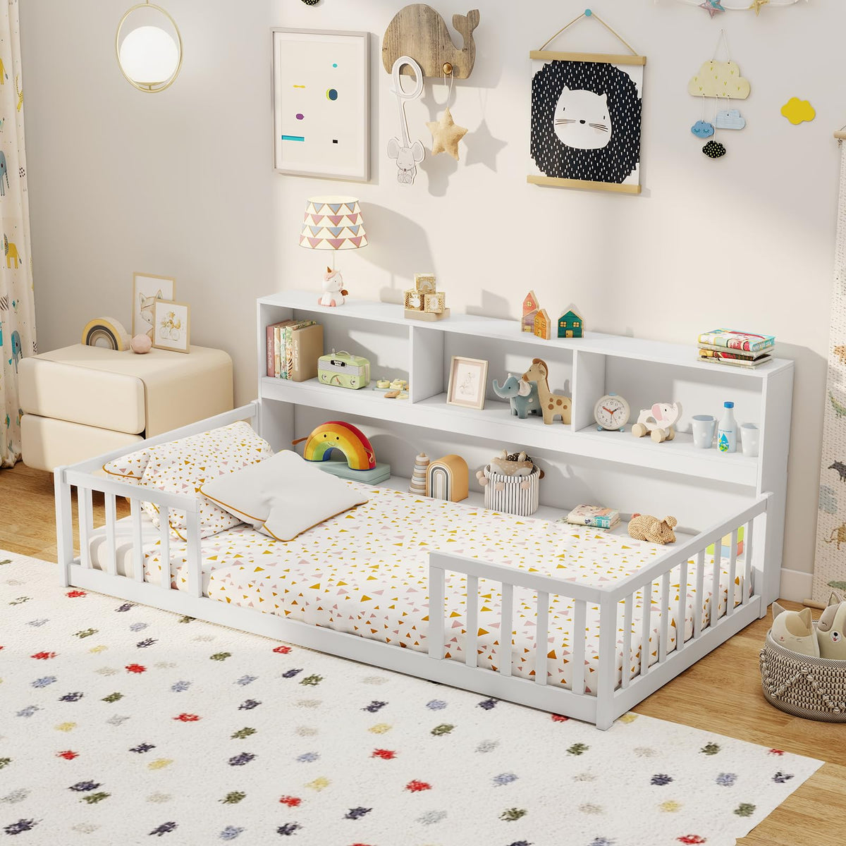 Goflame Wooden Montessori Bed Frame with Bookcase