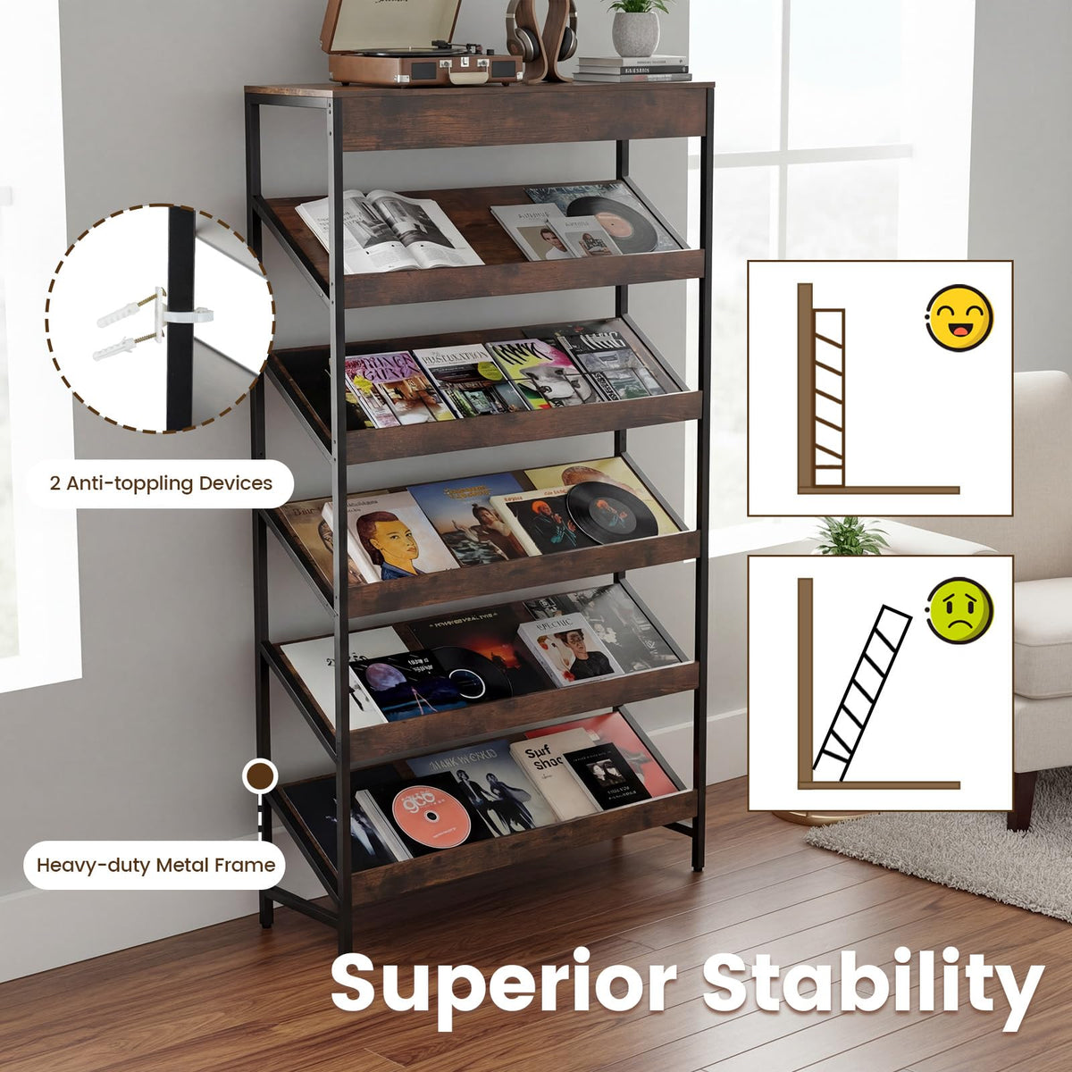 Goflame 6-Tier Industrial Tall Bookcase with Angled Shelves and Metal Frame