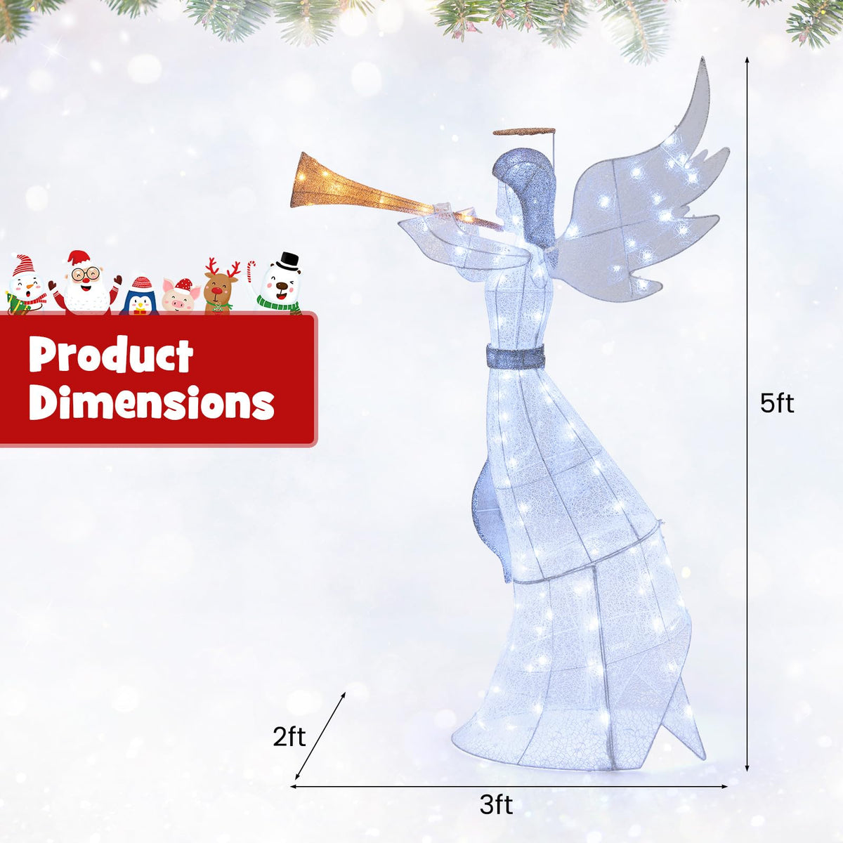Goflame 5 FT Lighted Trumpeting Angel, Light-up Christmas Angel with LED Lights