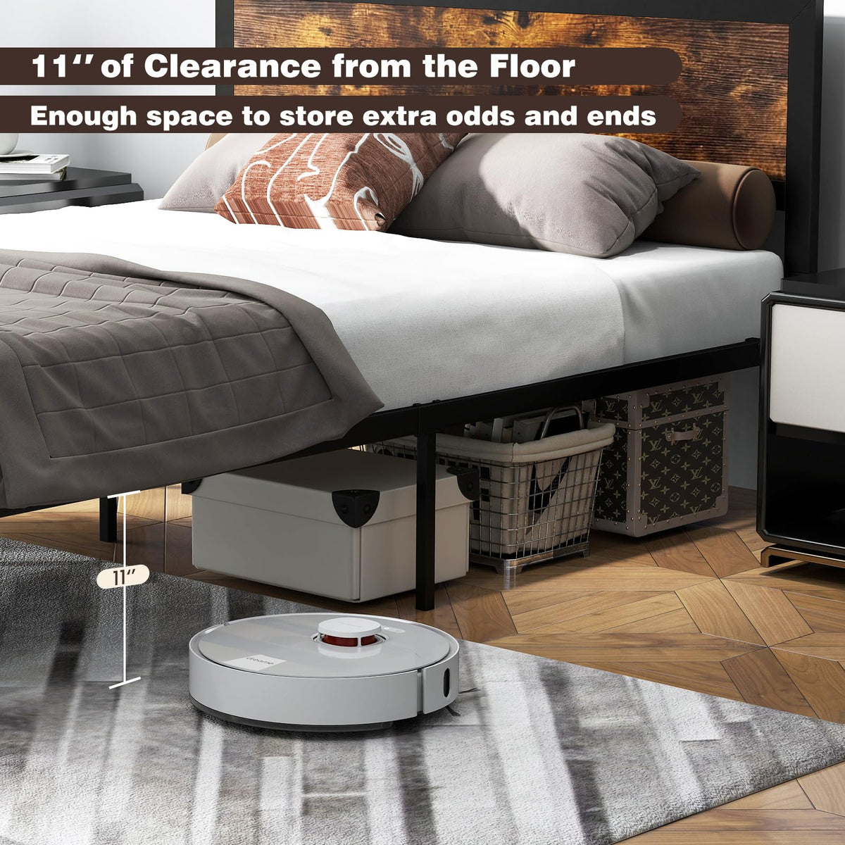 Goflame Metal Full Size Platform Bed Frame with Wood Headboard and Footboard