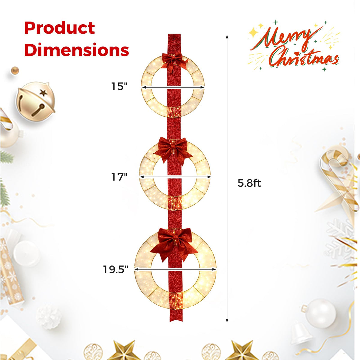 Goflame Set of 3 Pre-Lit Wreaths, 5.8 FT Xmas Light-up Decorations on Red Ribbon with 450 LED Lights