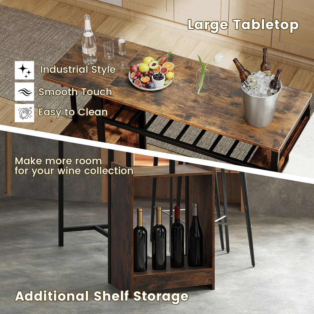 Goflame Rectangular Bar Table with Charging Station and LED Light