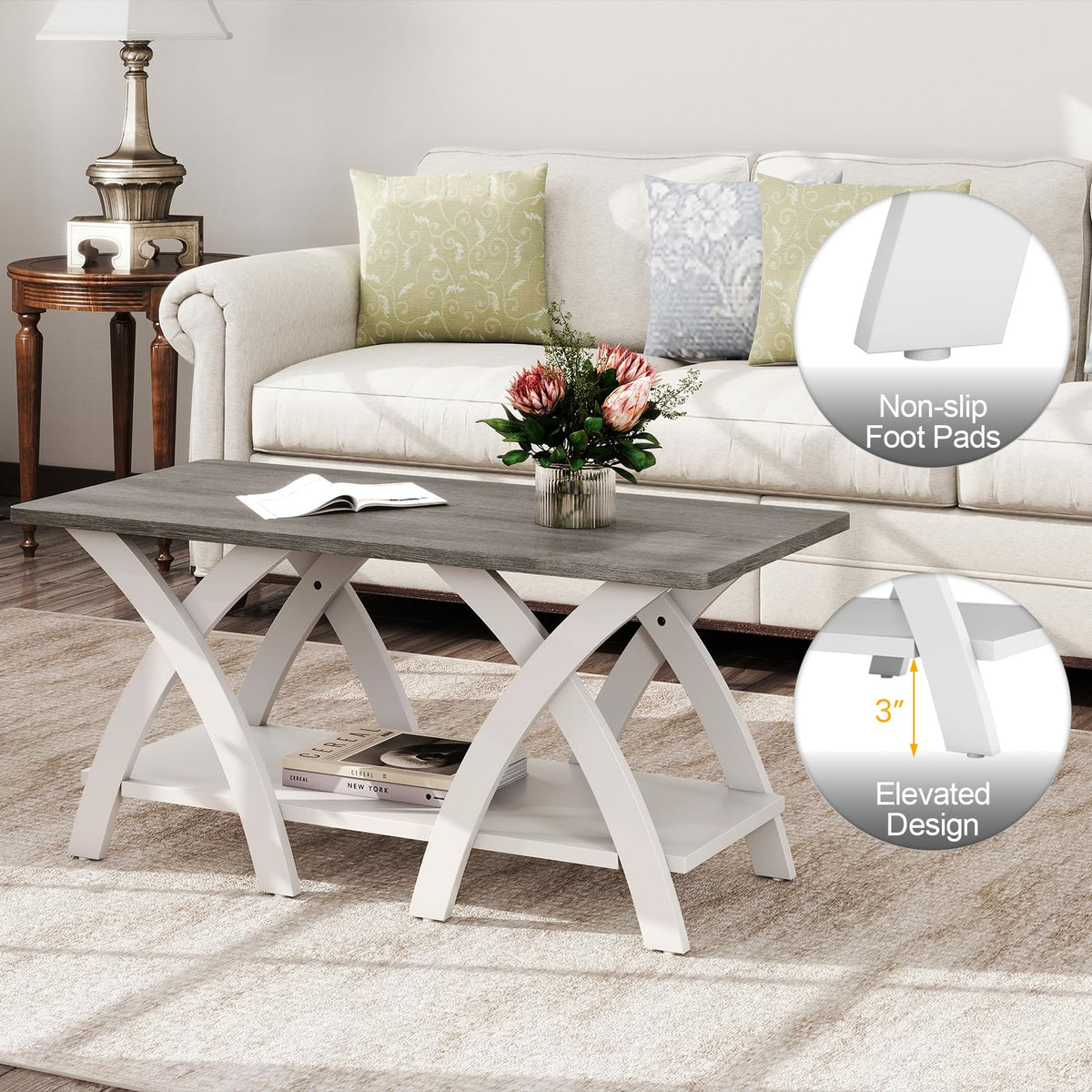 Goflame Farmhouse Coffee Table 2-Tier Wood Center Table with Storage Shelf & X-Shaped Support Legs