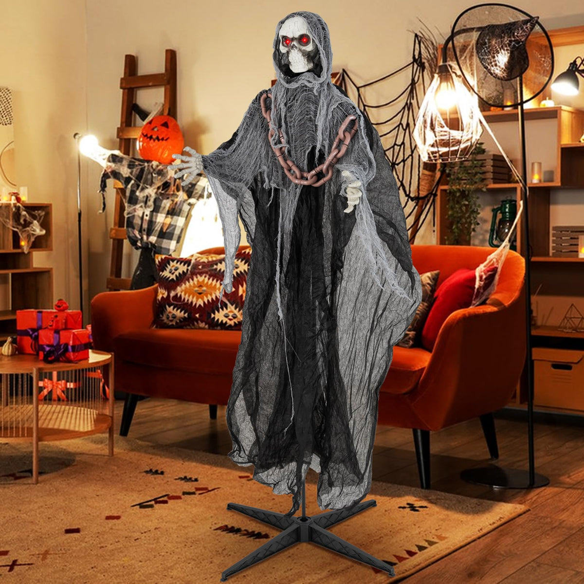 Goflame 6.4 FT Halloween Animatronic Standing Grim Reaper, Halloween Decoration with Chain