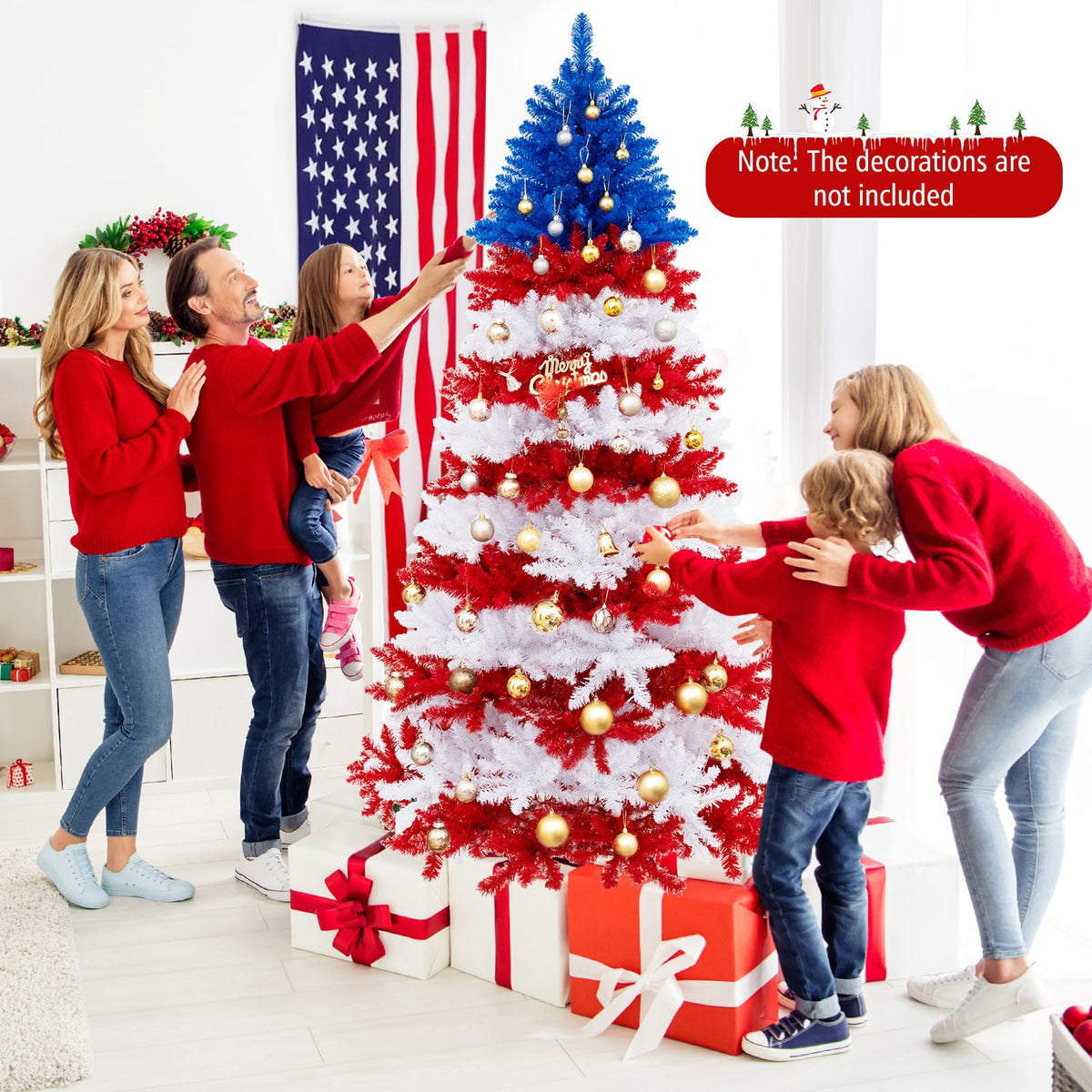 Goflame 7.5 FT Pre-Lit Patriotic Artificial Christmas Tree, Flag-Themed Hinged Xmas Tree with 480 Warm White LED Lights