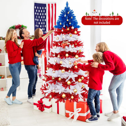 Goflame 7.5 FT Pre-Lit Patriotic Artificial Christmas Tree, Flag-Themed Hinged Xmas Tree with 480 Warm White LED Lights