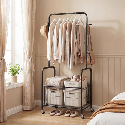 Goflame 35" Clothes Rack with Storage Basket & Lockable Wheels