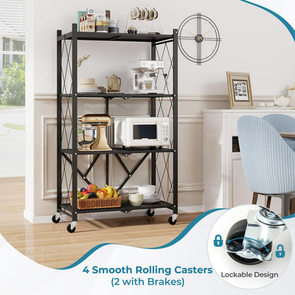 Goflame 4-Tier Foldable Storage Shelf, Collapsible Shelving Unit Display with Lockable Wheels