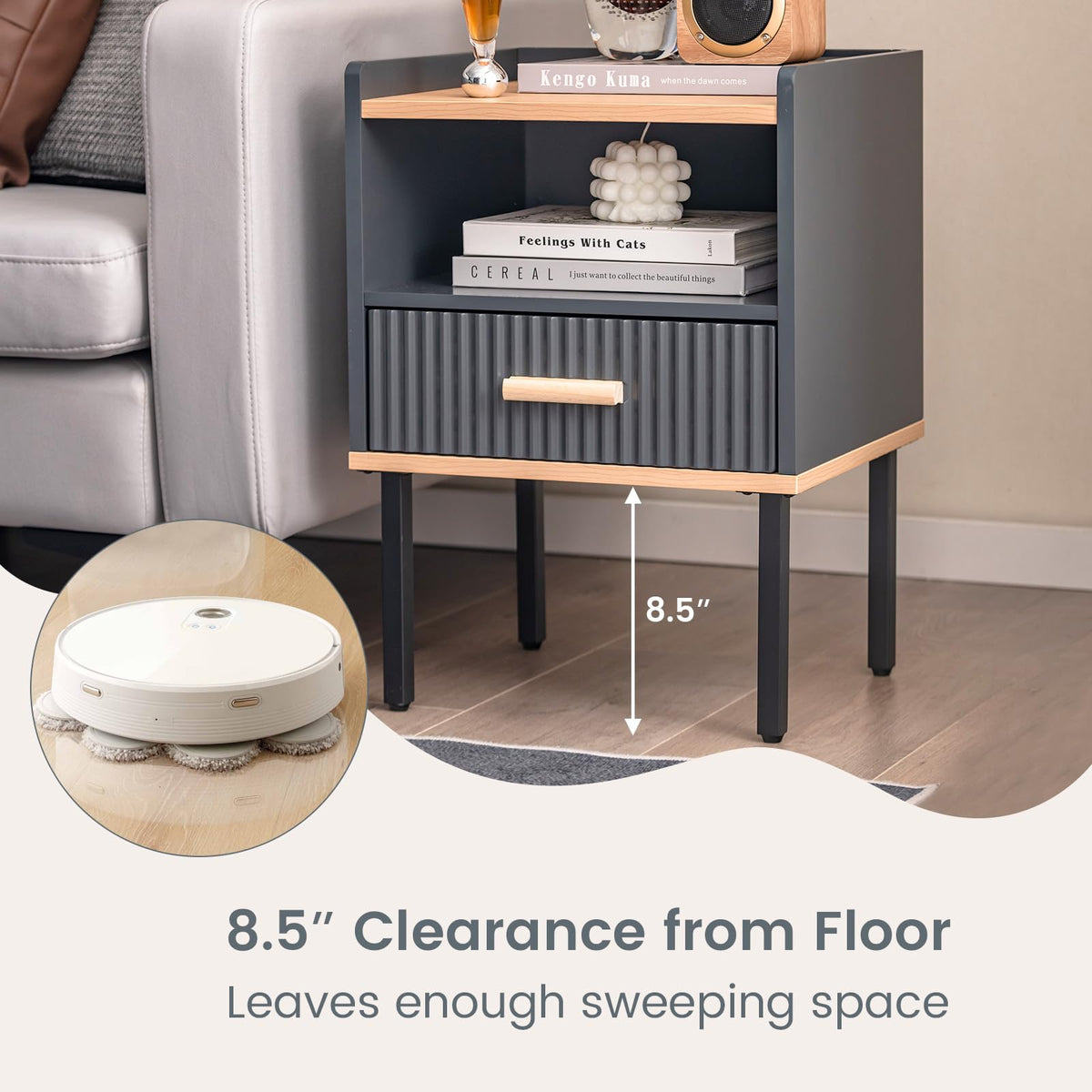 Goflame Modern Nightstand with Drawer - Bedside Table with Open Shelf, Gray