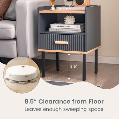 Goflame Modern Nightstand with Drawer - Bedside Table with Open Shelf, Gray
